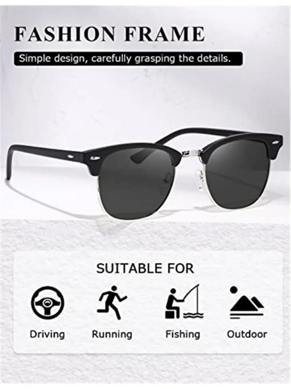 Black Polarized Sunglasses Unisex Retro Semi Rimless UV400 Classic Shades